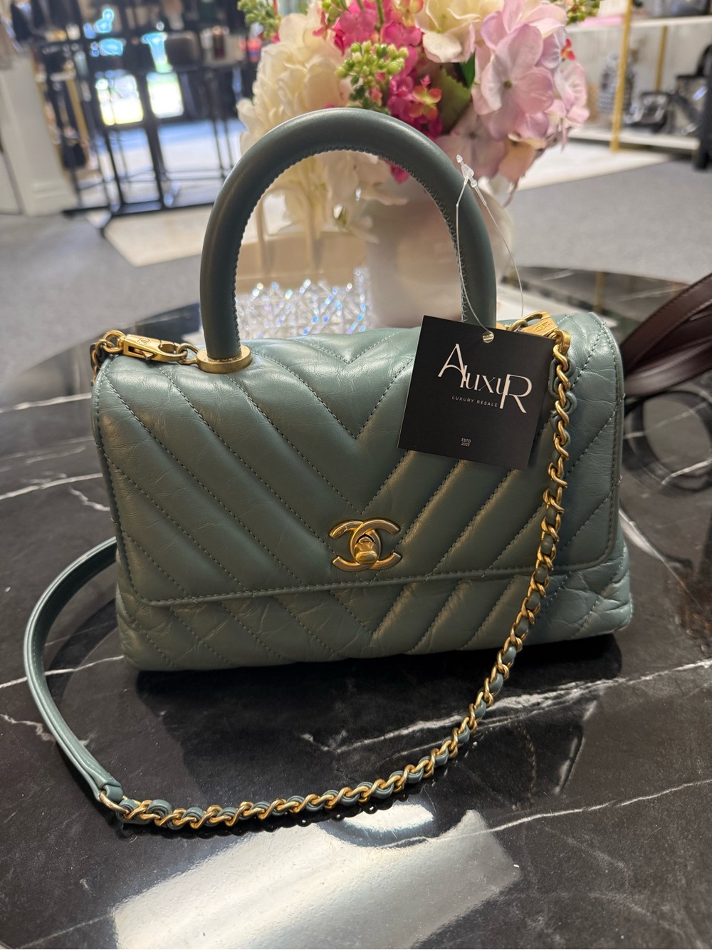 CHANEL Quilted Top Handle Satchel in Dusty Teal with Gold Hardware